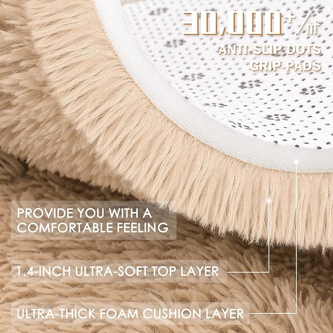 OLANLY Beige Round Rugs for Bedroom - Machine Washable, 7 ft Circle Area Rugs for Living Room, Soft and Fluffy Shaggy Carpet for Teen Girls and Boys, Nursery Rooms, Dorms, Home Decor Aesthetic