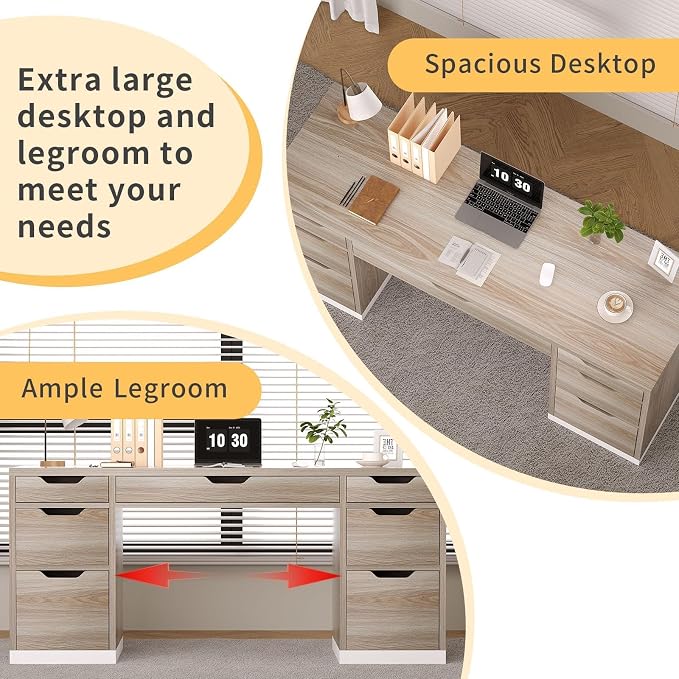 MaverickFurni Computer Desk with Storage Drawers, 54 Inch Executive Desk with 7 Drawers for Bedroom, Office Desk with File Drawers for Work Study Writing, Small Spaces, White and Walnut