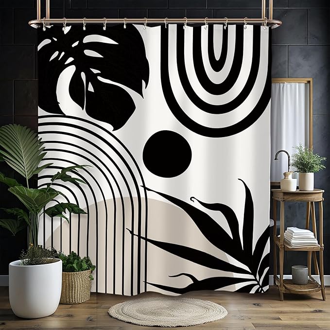 Miyotaa Minimalist Abstract Mid Century Shower Curtain Set 60Wx71H Inches Neutral Modern Geometric Aesthetic Contemporary Plant Polyester Waterproof Cloth Bathroom Curtain with 12 Hooks
