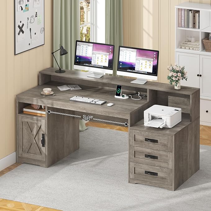 TVU Farmhouse Computer Desk with Drawers, 65'' Home Office Desk with Power Outlets, Storage Cabinet and Printer Stand, Study Writing Desks with Long Monitor Stand, Grey