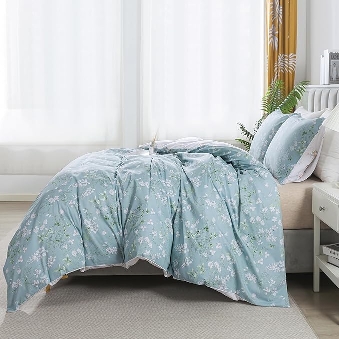 HoneiLife Wildflower Duvet Cover Queen - 100% Cotton Comforter Cover Sets, Floral Duvet Cover Sets 3-PC, Floral Bedlinen Set with Zipper Closure & Corner Ties