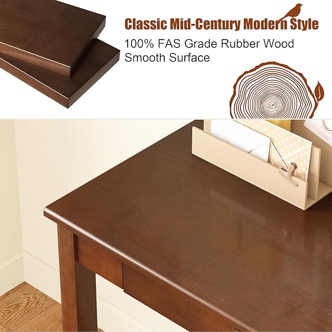Solid Wooden Desk with Drawers - 24 x 16 Inch Vintage Narrow Desks, Mid Century Modern Desks, Rubber Wood Study Table, Small Writing Desk for Bedroom|Small Spaces - Walnut Color