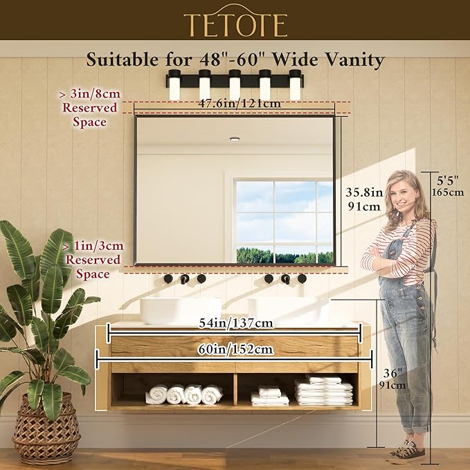 TETOTE Brushed Gold Bathroom Mirror for Over Sink 48" x 36" Large Brass Gold Beveled Framed Rectangular Vanity Mirror for Bathroom, Bedroom, Entryway, Living Room, Tempered Glass, Stronger Frame