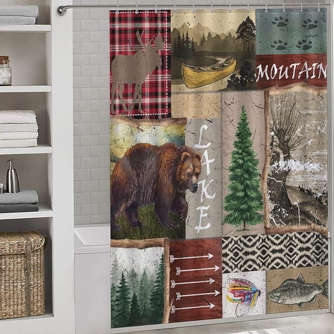 Retro Rustic Bear Shower Curtains, Vintage Deer Farmhouse Forest Cabin Lodge Woodland Adventure Cottage Country Waterproof Shower Curtains for Bathroom Decor 12 Pack Hooks 66x72in（168x183cm）