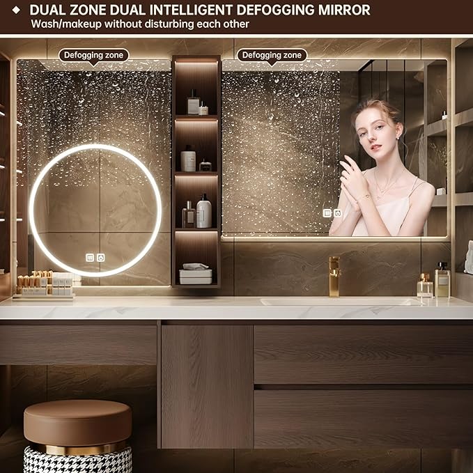 Floating Bathroom Vanity with Makeup Table, Single Sink Bathroom Vanity Includes LED Smart Defog Mirror with Open Shelf and Side Storage Cabinet, Wall-Mount Vanities with Drawers (Walnut B,68")