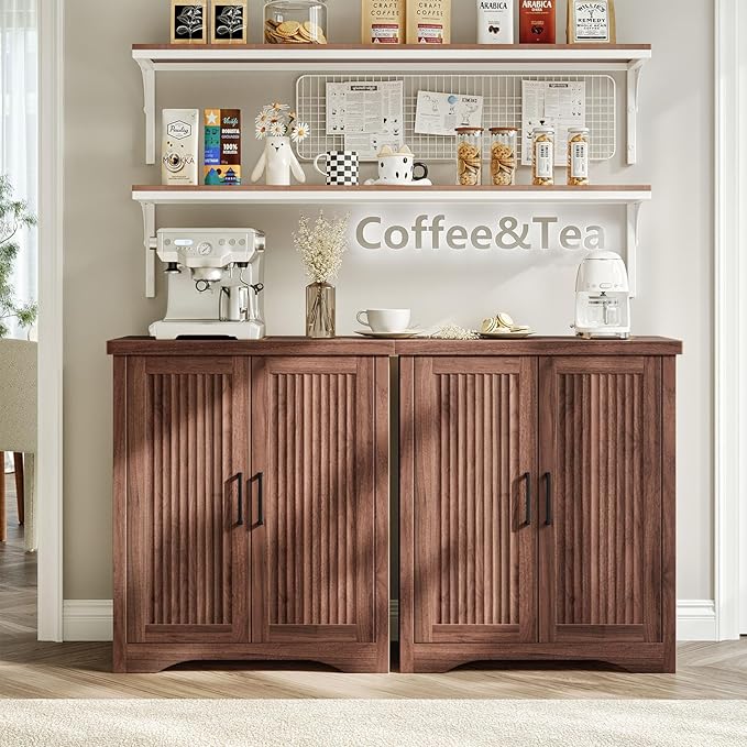 Fluted Buffet Cabinet with Storage Accent Sideboard,Modern Credenza with 2 Doors & Adjustable Shelves,Wood Coffee Bar Table Console for Dining Room Kitchen Living Room Entryway, Walnut