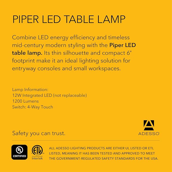 Adesso LED Table Lamp – Black with Antique Brass and Frosted Shade, 4-Way Brightness, 12W Integrated LED Accent Light for Living Room, Bedroom, and Home Office, 30” Tall