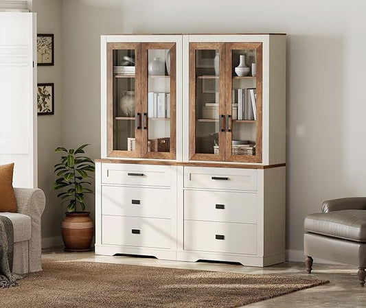 WAMPAT 2 Column 73.3" Tall Bookcase with Glass Door, 63" Wide Rustic Wood Bookshelves with Chest of Drawers, Modern Farmhouse Display Storage Cabinet with Adjustable Shelves for Home,Office,White&Oak