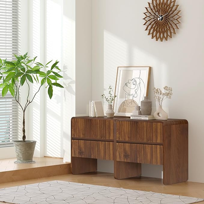 Flute 2 Drawer Dresser,Mid Century Modern Small Nightstand with 2 Drawer for Bedroom, Wood Side Table with Curved Profile for Living Room,Hallway,Enterrway