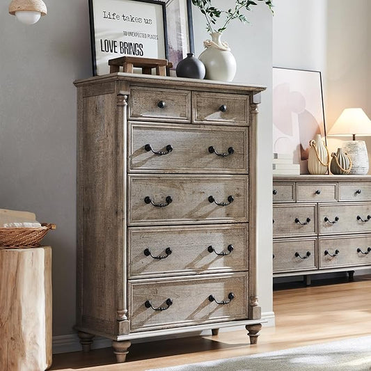 T4TREAM Farmhouse 6 Drawers Dresser Chests for Bedroom w/4 Solid Wood Feet & Column Decor, Tall Wood Country Rustic Chest of Drawers, Storage Dressers for Bedroom, Living Room, Light Rustic Oak