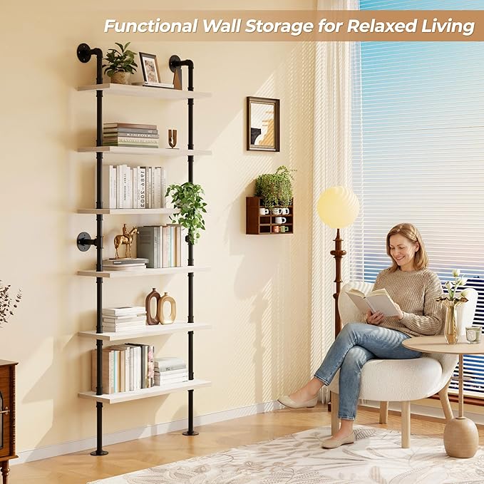 Pipe Shelves, Wall Mounted Wood Metal Industrial Shelves, Ladder Bookshelf for Living Room (White, 10" D x 30" W x 82.5" H)