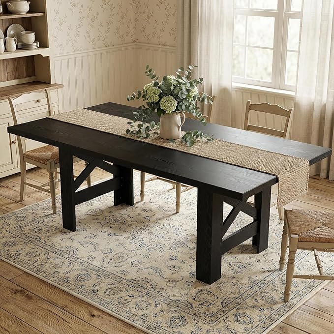 GarveeHome Dining Table for 6-8, 71" Long Large Wooden Farmhouse Kitchen Table with Thick Sturdy Frame, Rectangular Dining Room Dinner Table with Stable Triangular Legs for Kitchen,Office, Retro Black