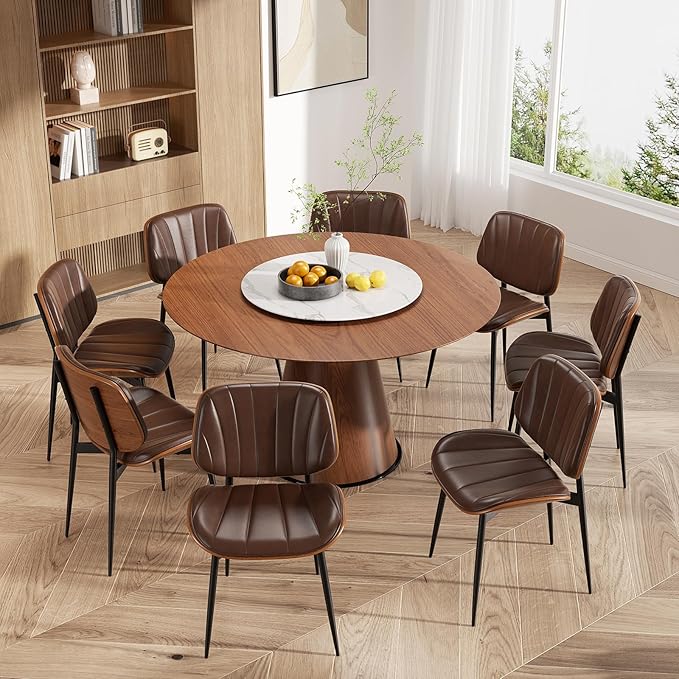 Dining Chairs Set of 8, Mid Century Modern Dining Room Chairs, Upholstered Faux Leather Kitchen Chairs with Walnut Bentwood Back and Metal Legs