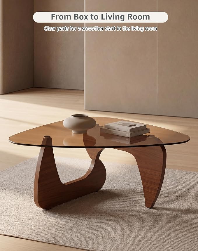 Smoked Glass Coffee Table for Living Room, 43.3" Triangle Coffee Table with MDF Wood Base, Mid Century Modern Center Table for Apartment, Sofa, Lounge, Reception, Walnut Brown