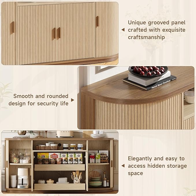 63" Sideboard Buffet Cabinet with Storage, Modern Fluted Accent Credenza with Sliding Doors, Drawers and Adjustable Shelves, Wood Coffee Bar Console Table for Kitchen, Living Room, Enrtyway (Oak)