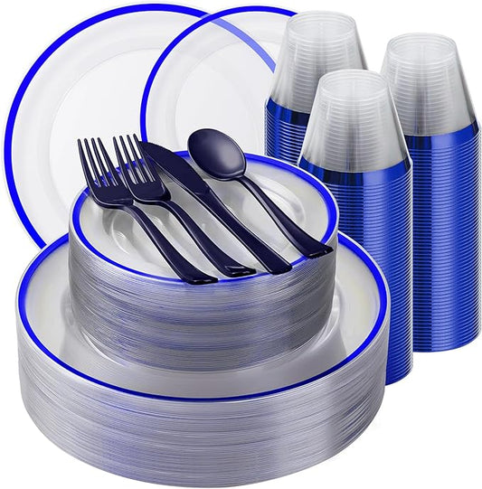 Beststar 350PCS Blue and Clear Plastic Dinnerware Sets for 50 Guests, Include 100 Blue Disposable Plates, 100 Forks, 50 Knives, 50 Spoons, 50 Cups,christmas party supplies
