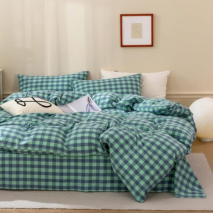 mixinni Green Gingham Grid Duvet Cover Twin, 100% Washed Cotton Modern Geometric Bedding Set with 2 Pillowcases, Farmhouse Style Blue Plaid Comforter Cover Set for Men & Women, Soft & Lightweight