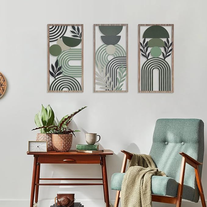 Modern Geometric Wood Wall Art Set of 3, Boho Abstract Mid Century Wall Decor Panels, Green and Black Hanging Decoration for Living Room Bedroom Bathroom Home Office (Modern Minimalist - 11.8 x 5.9 inch)