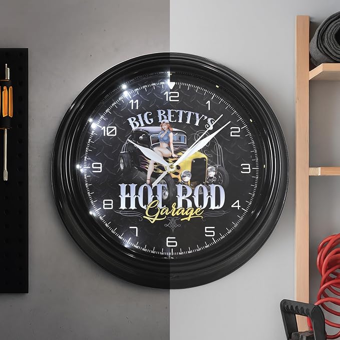 American Art Decor Big Betty's Hot Rod Garage Pinup Girl LED Clock - 12" Wall Mounted Diamond Plated Wall Decor - Wall Clock for Living Room, Dorm, Mancave, Garage, Office (Black/White/Yellow)