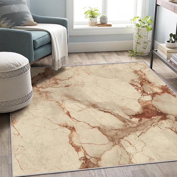 Beige Marble Abstract Area Rug, Vintage Stone Pattern Carpet, Washable Non Slip Low Pile Soft Thin, Living Room Bedroom Home Decor Mat 3x4ft(Small)