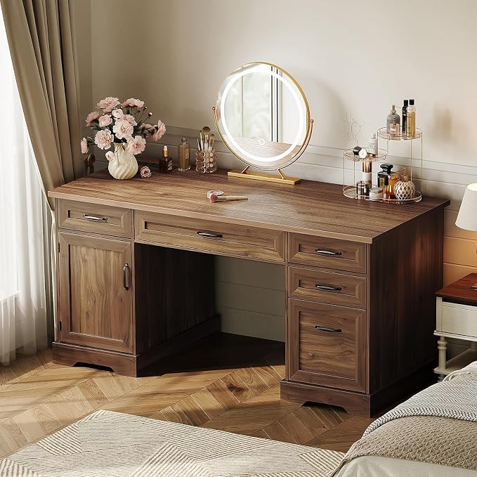 OffiGo 59 Inch Farmhouse Desk with Drawers, Executive Computer Desk with Charging Station, Wood File Cabinet Storage for Home Office, Walnut