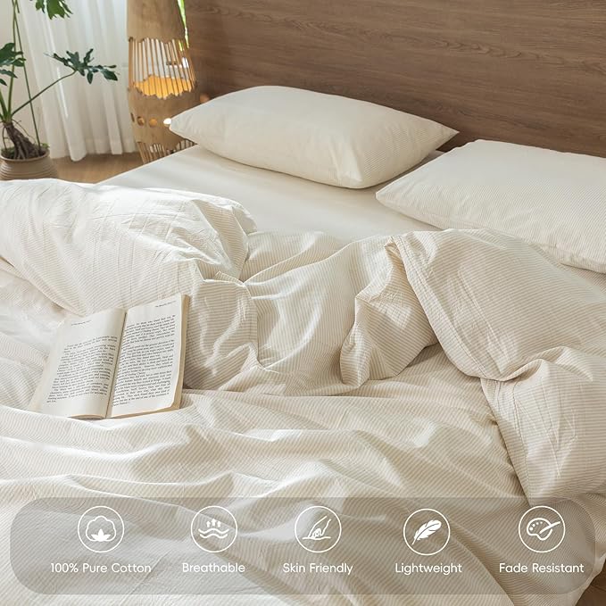 MooMee Striped Duvet Cover Set 100% Washed Cotton Linen Like Textured Breathable Durable Soft Comfy (Almond Milk Grey Pinstripes, Queen 90"x90")