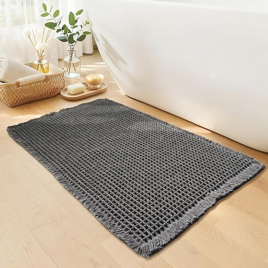Waffle Bath Mat - Boho Bathroom Rugs Non Slip Washable, Super Absorbent & Quick Dry, Soft Bath Mat Farmhouse Bathroom Decor, 20'' x 32'', Dark Grey