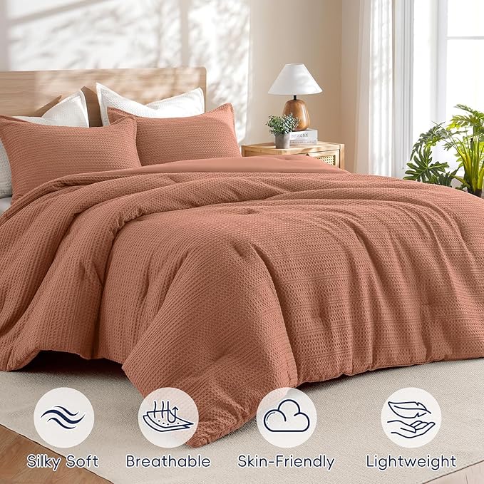 PHF Soft Waffle Comforter Set Queen Size- Comfy Breathable Waffle Weave Comforter with 2 Pillow Shams, 3 Pieces Less Snagging Lightweight Textured Bedding Set for All Season, Terracotta