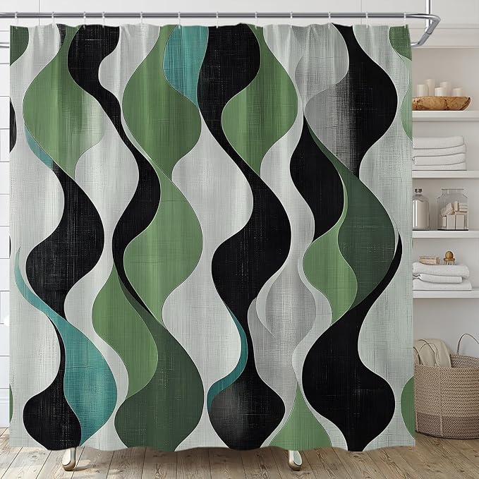 Mid Century Shower Curtain Boho Minimalist Modern Abstract Aesthetic Geometric Striped Atomic Retro Earthy Fabric Bathroom Decor Set with Hooks(70" Wx84 H)