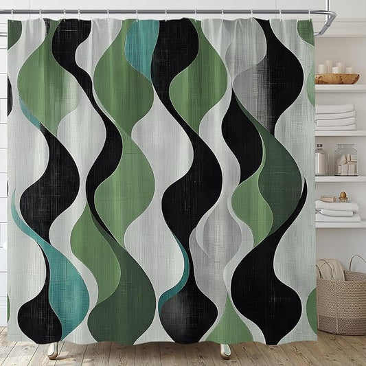 Mid Century Shower Curtain Boho Minimalist Modern Abstract Aesthetic Geometric Striped Atomic Retro Earthy Fabric Bathroom Decor Set with Hooks(67" Wx70 H)