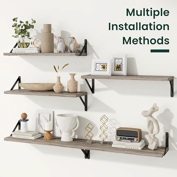 Floating Shelves, 8 Inch Deep Rustic Wood Wall Storage, 24W x 8D Wall Shelves Set of 2, Heavy Duty Metal Brackets, Industrial Book Shelf for Living Room, Kitchen, Bathroom, Bedroom, Grey