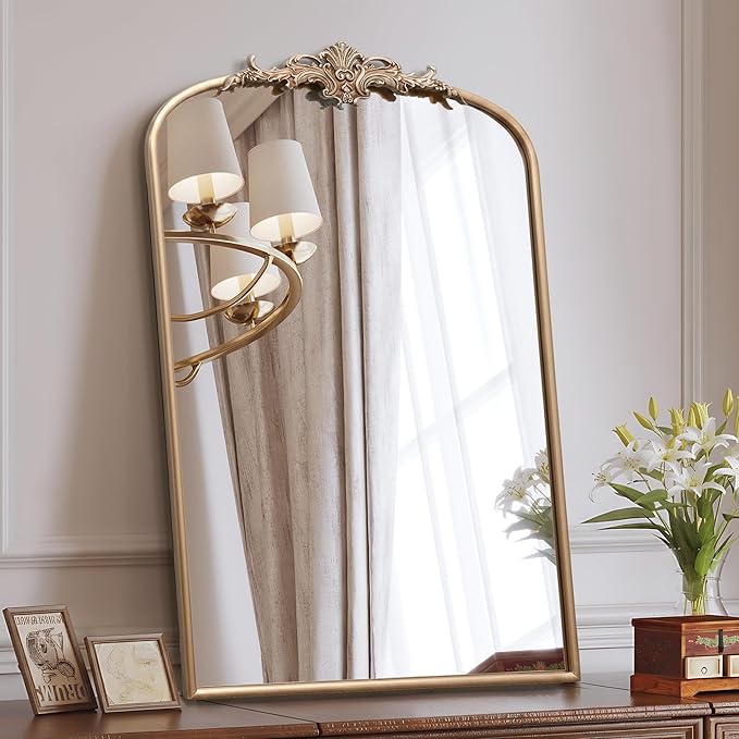 Besdomus Large Antique Wall Mirror: 24"x36" Arched Champagne Gold Vintage Wall Mounted Mirror - Traditional Ornate Home Decor for Entryway/Bedroom/Bathroom - Baroque Idea for Housewife