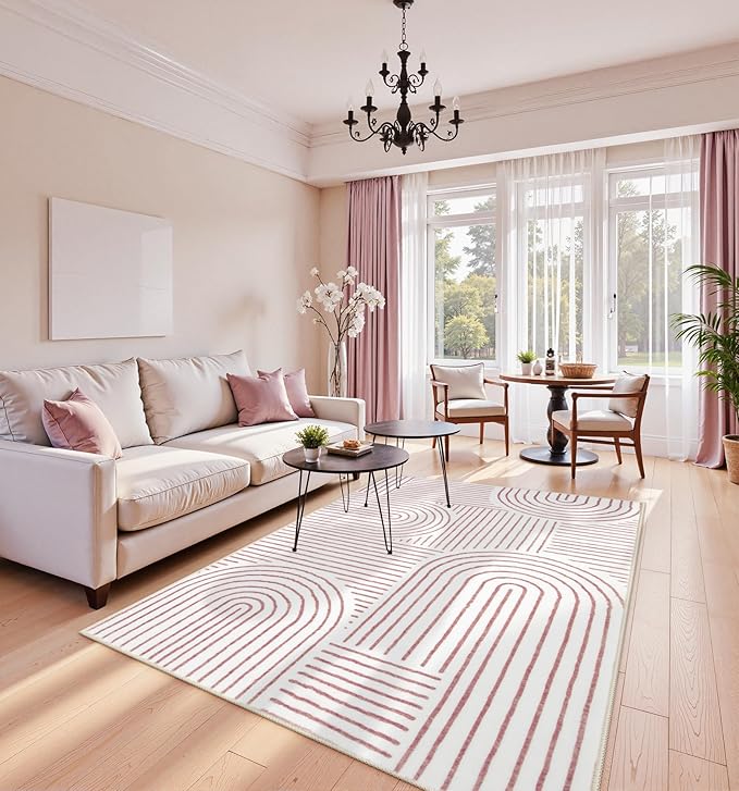 Lahome Abstract Washable Area Rugs 5x7, Soft Pink Rugs for Living Room Ultra-Thin Non-Shedding Bedroom Rug, Modern Throw Rug Large Carpet for Dining Room Office Darrell (5'x7',Pink/White)