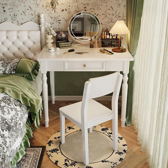 Solid Wooden Desk with Drawers, Small Writing Desk with Drawers for Computer, PC Desk for Work, Study or Gaming, Easy to Assemble (Ivory White, 31.5IN)