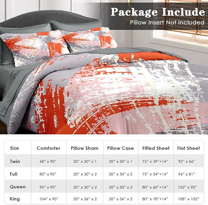 Pamnest Comforter Set Twin Size, Urban Graffiti Orange Grey 5 Pcs Bedding for Kids and Adults, Abstract Paint Line Bed Sheet Sets with Fitted Sheet Pillowcase & Sham for Bedroom Bed Decor