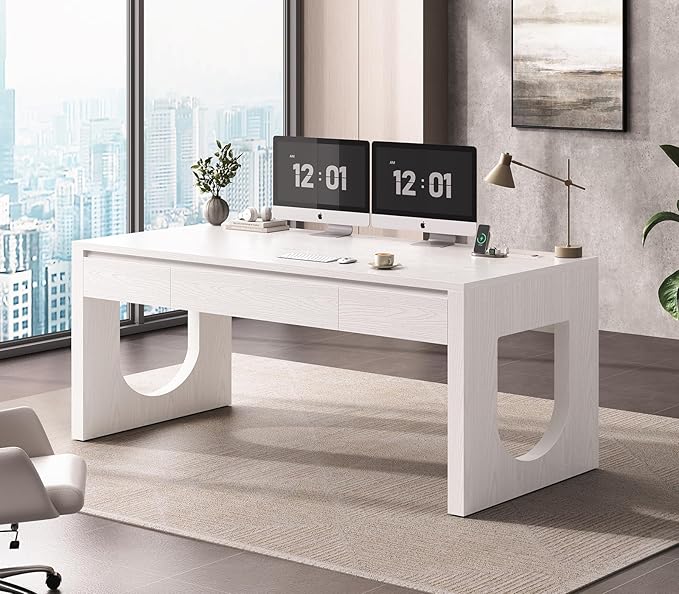 SEDETA 55" Office Desk with 3 Drawers, Modern Executive Desk with U-Shaped Legs, Wood Computer Desk with Power Outlet, Home Office Desks with Relief Texture, White