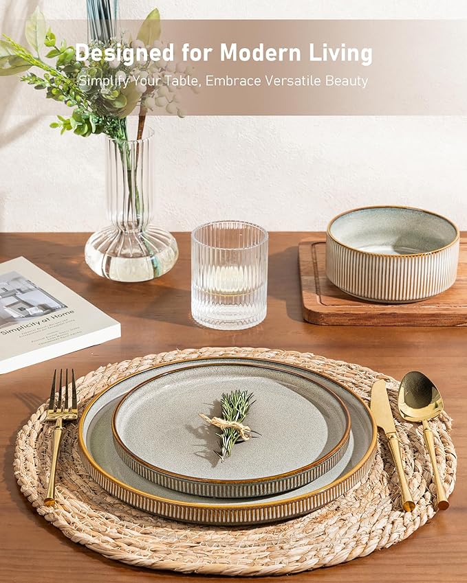GBHOME 18-Piece Stoneware Dinnerware Set for 6 – Ribbed Ceramic Plates and Bowls, Scratch-Resistant, Microwave & Dishwasher Safe, Reactive Glaze, Mist Green