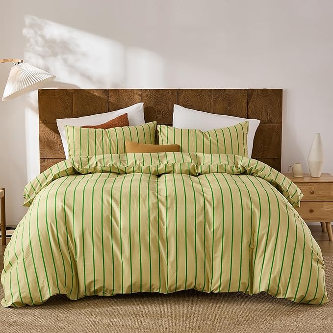 Merryword Striped Duvet Cover Set King Size - 100% Cotton Duvet Cover Set, Khaki & Green Stripes Pattern Comforter Cover 3 Pieces, Soft Linen Like Bedding Set for All Seasons