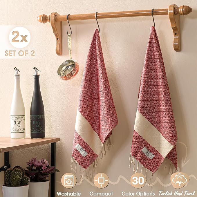 Hand Towels - Set of 2 | 18" x 30" - Decorative Turkish Hand Towel for Bathroom, Kitchen, Guest, Face, Hair, Tea, Dishcloth (Diamond, Red)
