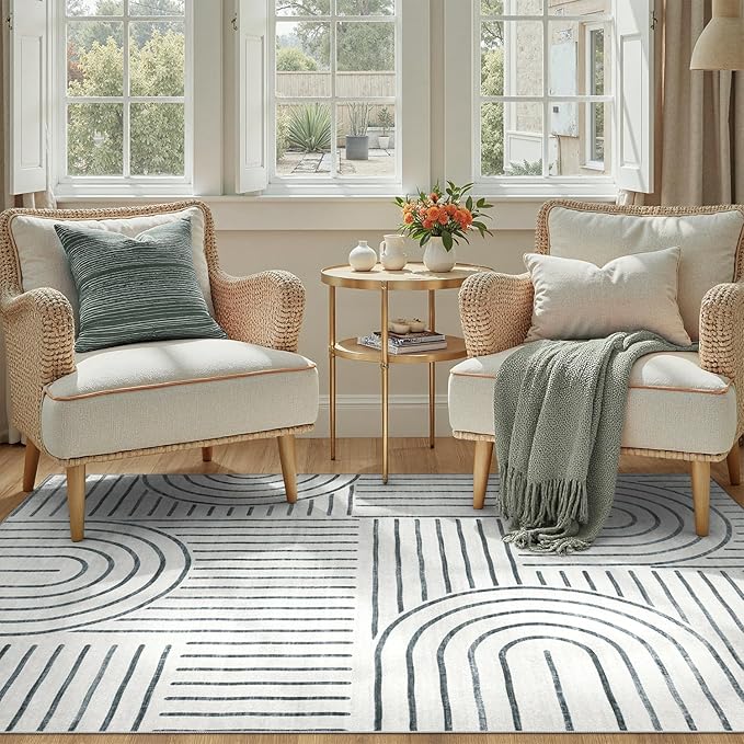DCX Abstract Machine Washable 8x10 Rug, Gray Modern Accent Rug for Living Room, Soft Low Pile Non Slip Carpet, Kid & Pet Friendly Stain Resistant Rug for Bedroom Dining Room Office