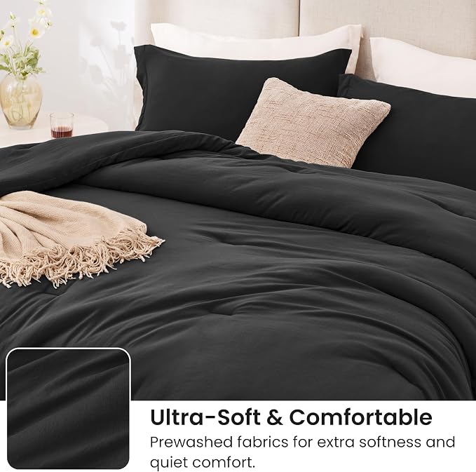 Love's cabin Black King Size Comforter Set, 3-Piece Prewashed Bed Set with 1 Comforter (104 x 90 in) & 2 Pillowcases, Lightweight & Breathable for All Seasons