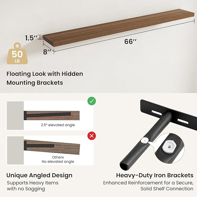 Fun Memories Rustic Wood Floating Shelves for Wall, Space-Saving Wall Mounted Shelves for Bathroom, Bedroom, Living Room and Kitchen, Stylish Storage & Display (Set of 2, Walnut, 66 in)