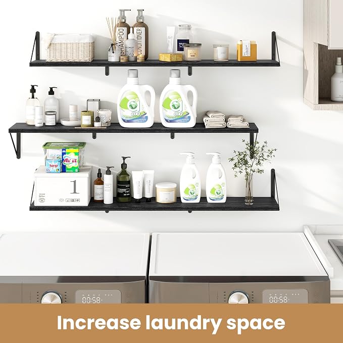 Heimlove Floating Book Shelves for Wall,47.2 Inches Long Wall Mounted Bookshelves,Heavy Duty Bracket Shelves for Living Room Kitchen,Laundry Room Storage & Decor,Set of 3,Black