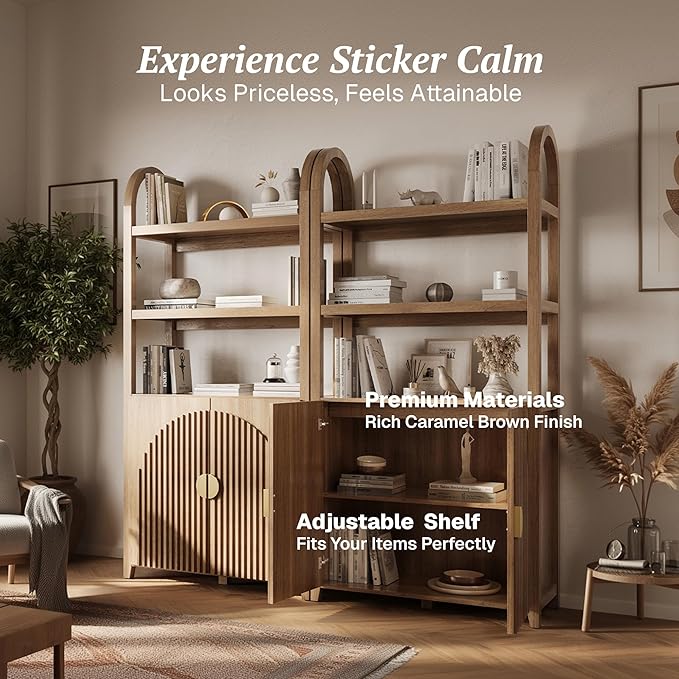 BELLEZE Book Shelf 72" Tall Arched Bookcase with Storage, 5 Tier Mid Century Modern Fluted Bookshelf with Doors, Modular Bookshelves for Living Room Office Library, Set of 2 (Caramel Brown)