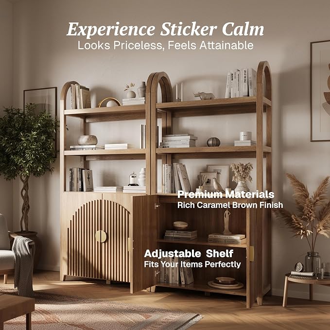 BELLEZE Book Shelf 72" Tall Arched Bookcase with Storage, 5 Tier Mid Century Modern Fluted Bookshelf with Doors, Modular Bookshelves for Living Room Office Library, Set of 4 (Caramel Brown)