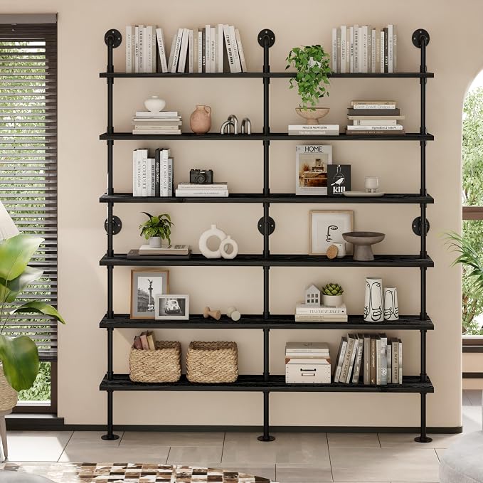 6 Tier Industrial Ladder Shelf Bookcase, Wall Mounted Rustic Bookshelf for Living Room Decor and Storage (Black, 6 Tier - 10" D x 70" W x 82.5" H)