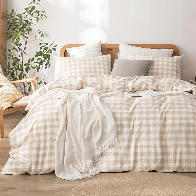 BESTOUCH Duvet Cover Set 100% Washed Cotton Linen Feel Super Soft Comfortable Chic Lightweight 3 PCs Home Bedding Set Almond Grey & White Grid Queen