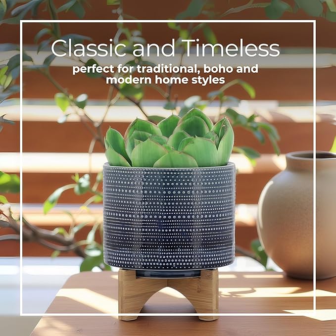 Dotted Decorative Planter Pot with Wood Stand – Ceramic Stoneware Outdoor & Indoor Plant Pot with Drainage Holes – Modern Garden & Home Decor Planters – 10", Blue