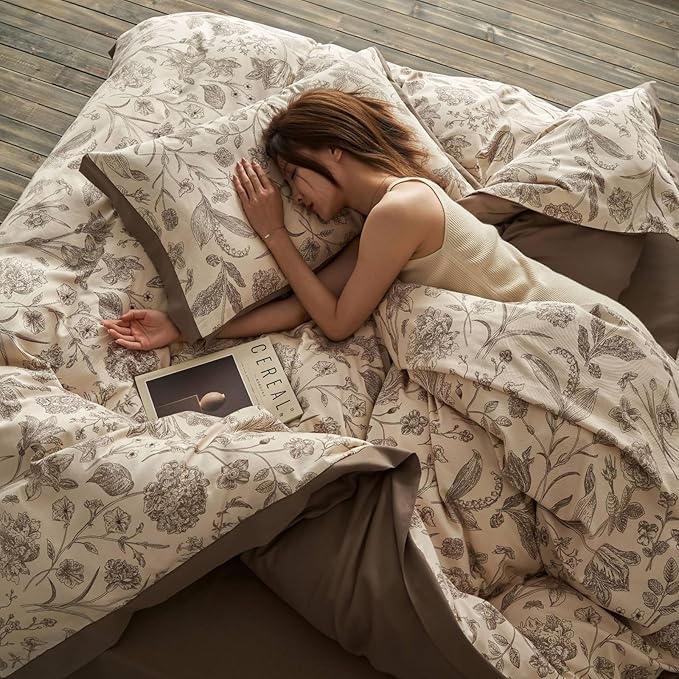 Brown Floral 100% Cotton Duvet Cover King Size, 3 Pieces Reversible Vintage Duvet Cover Set - 1 Botanical Patterned Duvet Cover 104x90 Inches with Zipper Closure, 2 Pillowcases