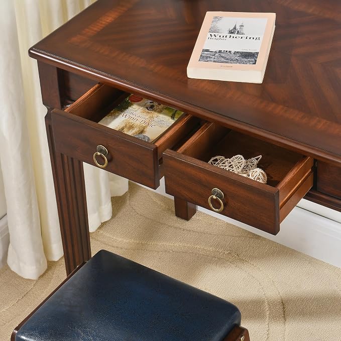 Small Writing Desk With 2 Storage Drawers, 31.5" Home Office Desks , Elegant Wood Writing Desks with Carved Legs, Classic Vanity Dressing Table For Small Space Easy Assembly Caramel Brown SSZ-D1258